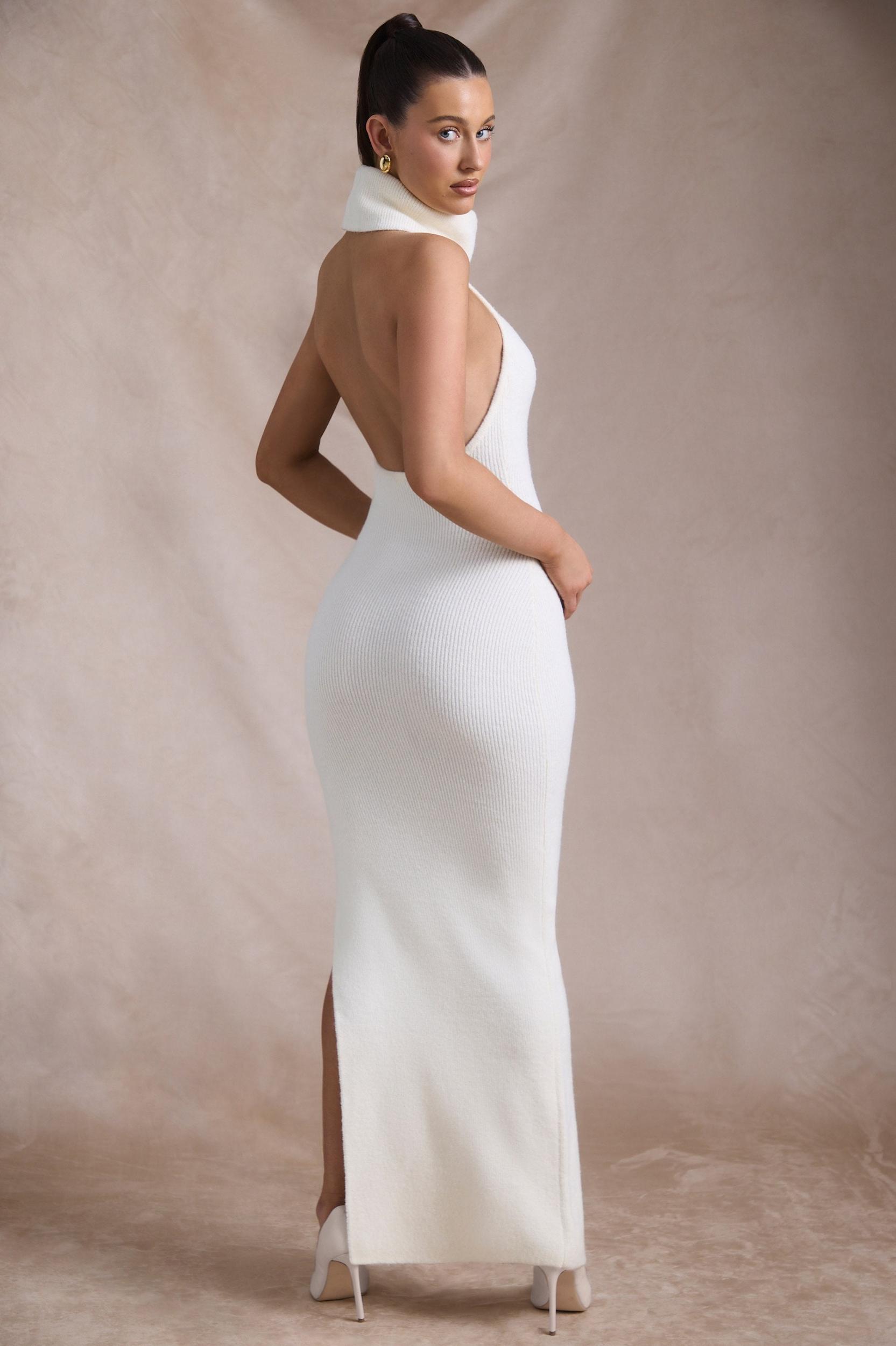 Ribbed-Knit Turtleneck Backless Maxi Dress in Ivory Product Image