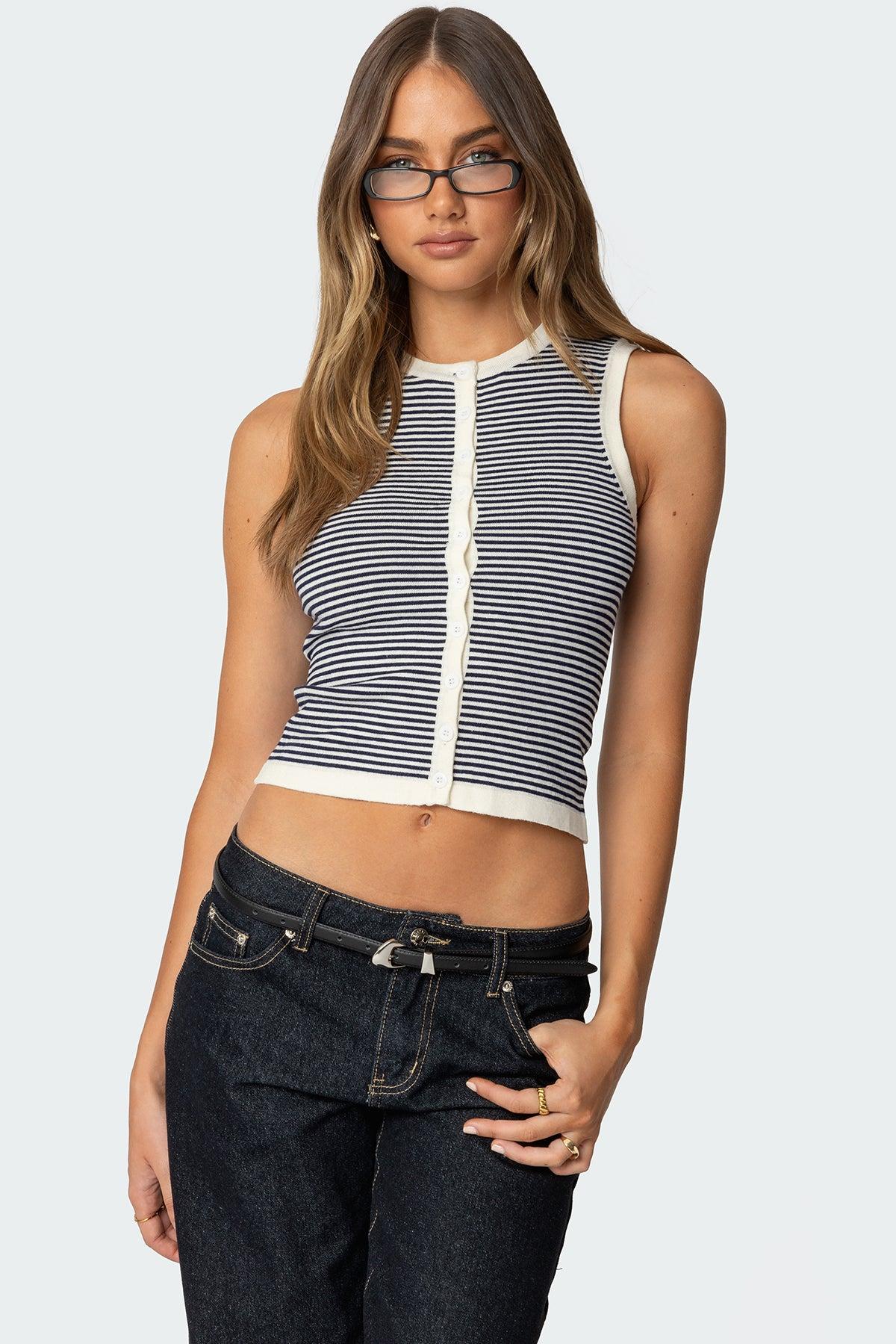 Everson Striped Button Up Knit Top Product Image