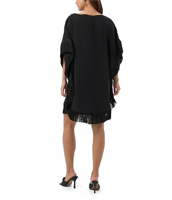 Trina Turk Neena Georgette Boat Neck Short Dolman Sleeve Fringe Caftan Mini Dress Product Image