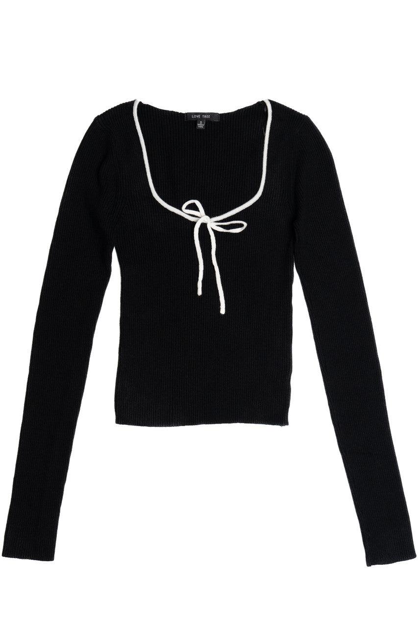 Tie Neck Ribbed Sweater Product Image