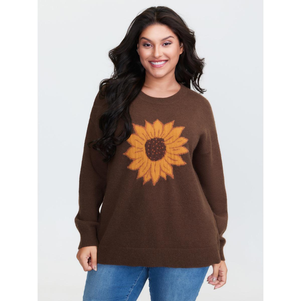 Plus Size Supersoft Sunflower Pattern Round Neck Pullover Browncoffeecolor Women Playful Loose Long Sleeve Round Neck Casual Pullovers BloomChic 10/M Product Image