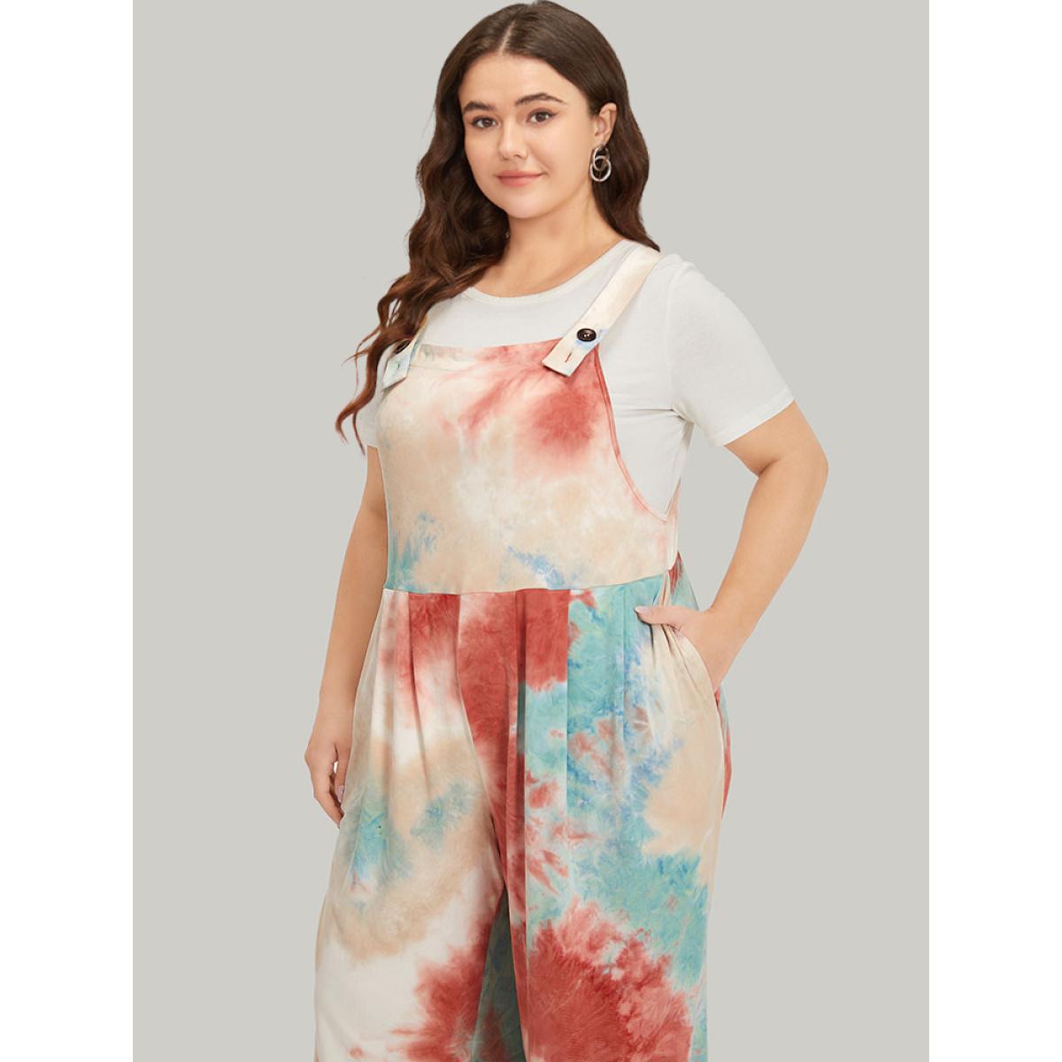 Plus Size Multicolor Tie Dye Pocket Button Adjustable Straps Jumpsuit Women Casual Sleeveless Spaghetti Strap Dailywear Loose Jumpsuits BloomChic 26/4X Product Image