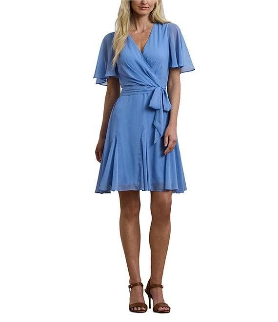 Lauren Ralph Lauren Crinkle Georgette V-Neck Short Flutter Sleeve Wrap Mini Dress Product Image