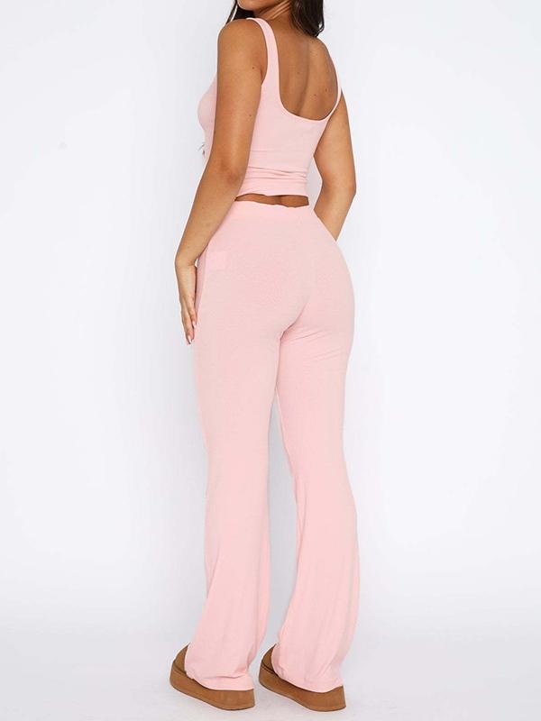Solid Breasted Tank Top & Lace Up Pants Set Product Image