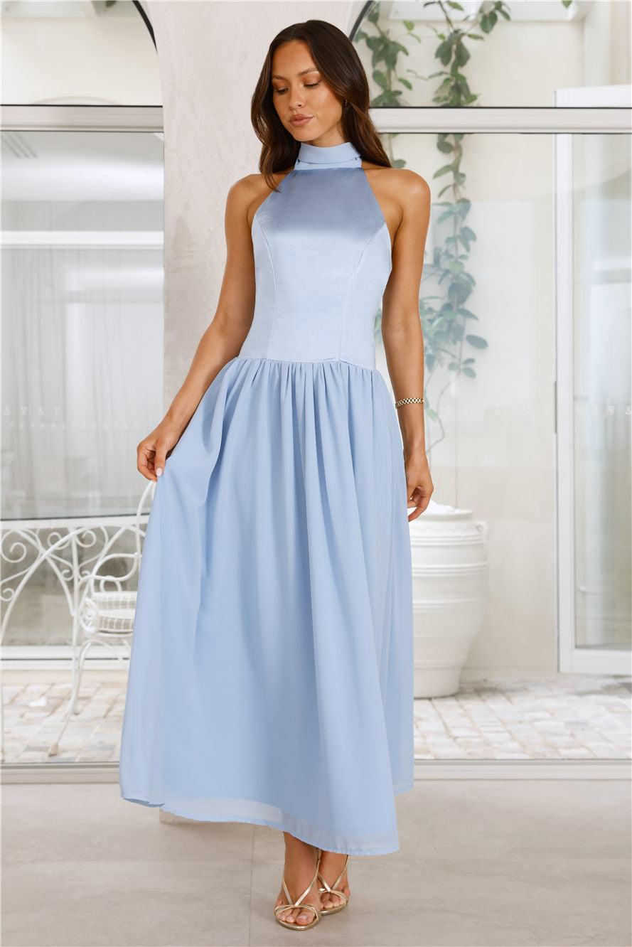 Lovely Magic Satin Halter Maxi Dress Blue Product Image