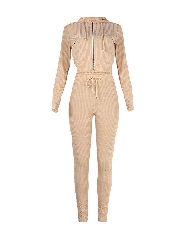 Zip Up Crop Hoodie & Drawstring Waist Pants Set Product Image