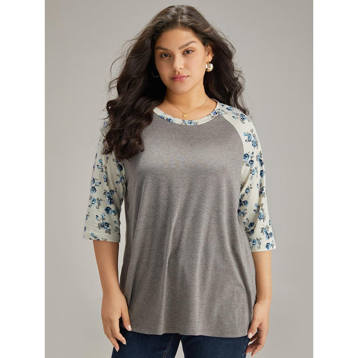 Plus Size Ditsy Floral Patchwork Contrast T-shirt Gray Women Elegant Printed Ditsy Floral Round Neck Dailywear T-shirts BloomChic 10/M Product Image