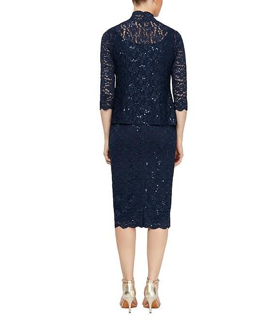 Ignite Evenings 3/4 Sleeve Square Neck Sequin Lace 2-Piece Jacket Midi Dress Product Image