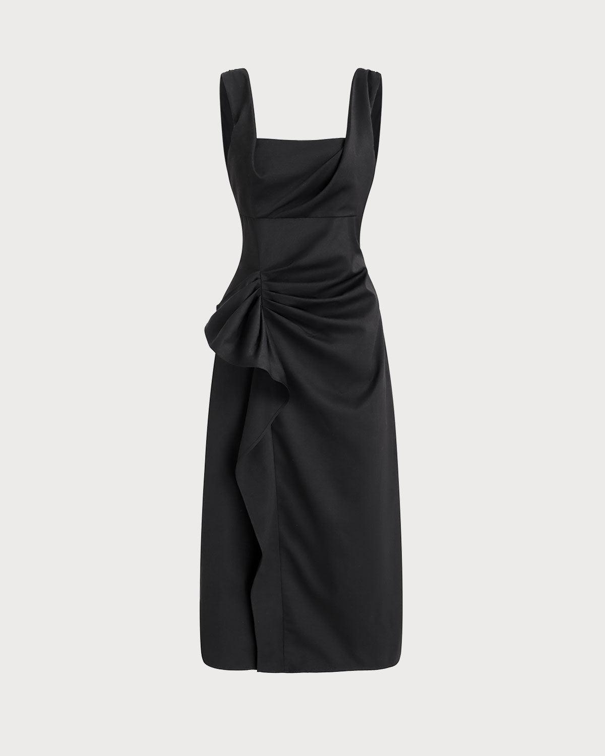 Black Ruffle Ruched Slip Midi Dress Product Image