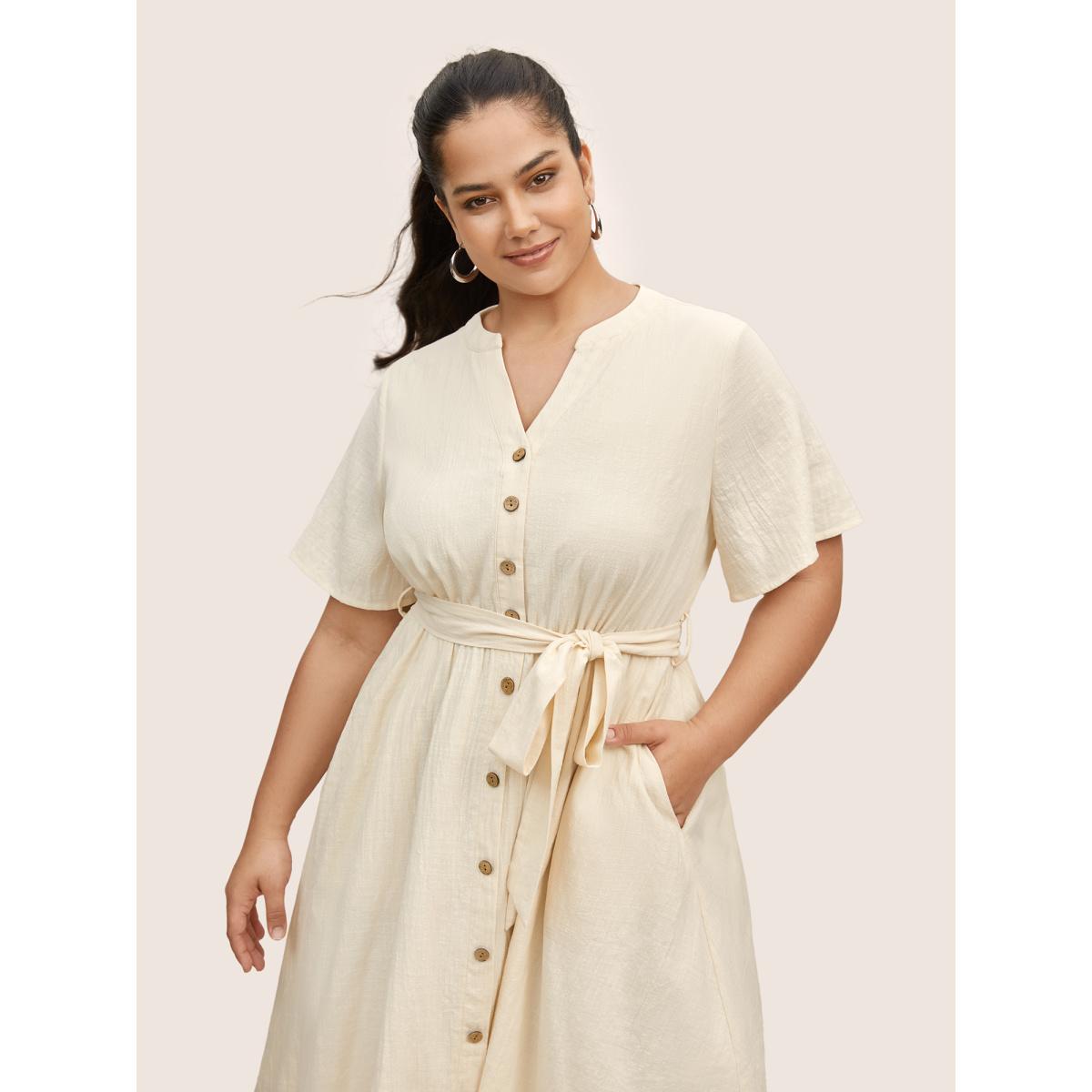 Plus Size Notched Collar Plain Button Detail Belted Dress Ivory Women Casual Belted Notched collar Half Sleeve Curvy BloomChic 28/5X Product Image