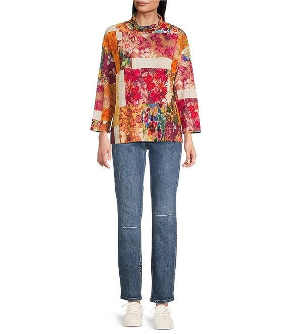 Tru Luxe Jeans Patchwork Floral Printed Mock Neck 3/4 Sleeve Top Product Image