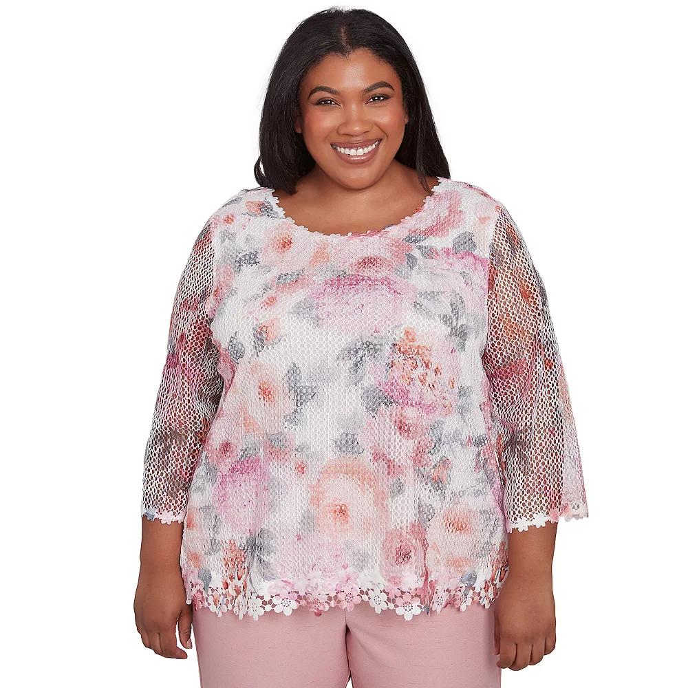 Plus Size Alfred Dunner Floral Mesh Watercolor Top, Women's, Size: 2XL, Pink Team Product Image