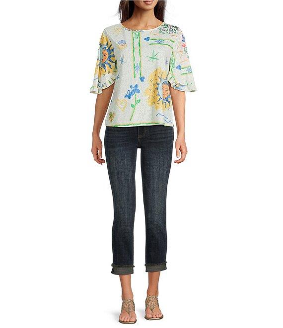 Tru Luxe Jeans Novelty Burnout Jersey Tie Neck Flutter Sleeve Tunic Product Image