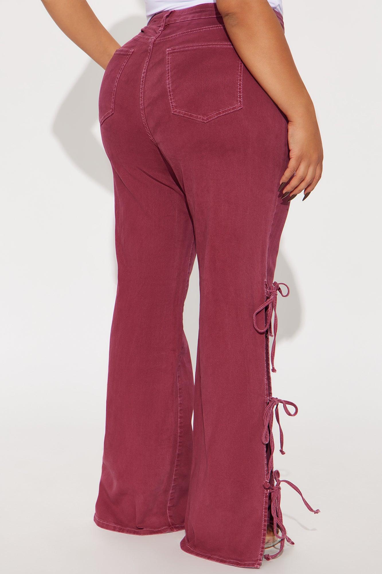 Fine Like Wine Side Tie Wide Leg Jeans - Burgundy Product Image
