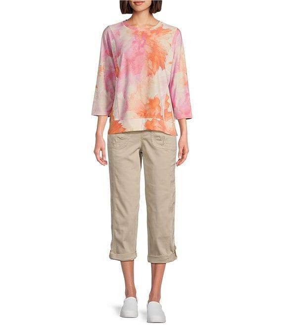 Westbound Petite Size Watercolor Dahlia Knit 3/4 Sleeve Crew Neck Ribbed Detail Multi Print Top Product Image