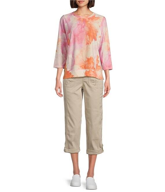 Westbound Petite Size Watercolor Dahlia Knit 3/4 Sleeve Crew Neck Ribbed Detail Multi Print Top Product Image