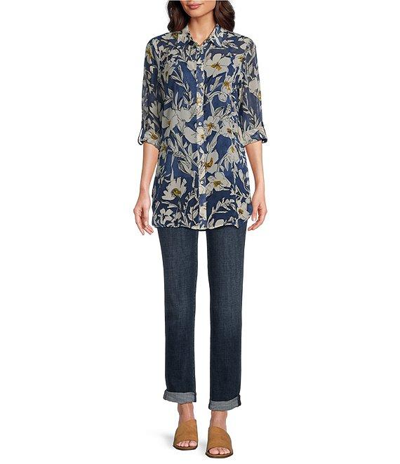 Figueroa & Flower Floral Print Point Collar Long Roll-Tab Sleeve Button-Front Shirt Product Image