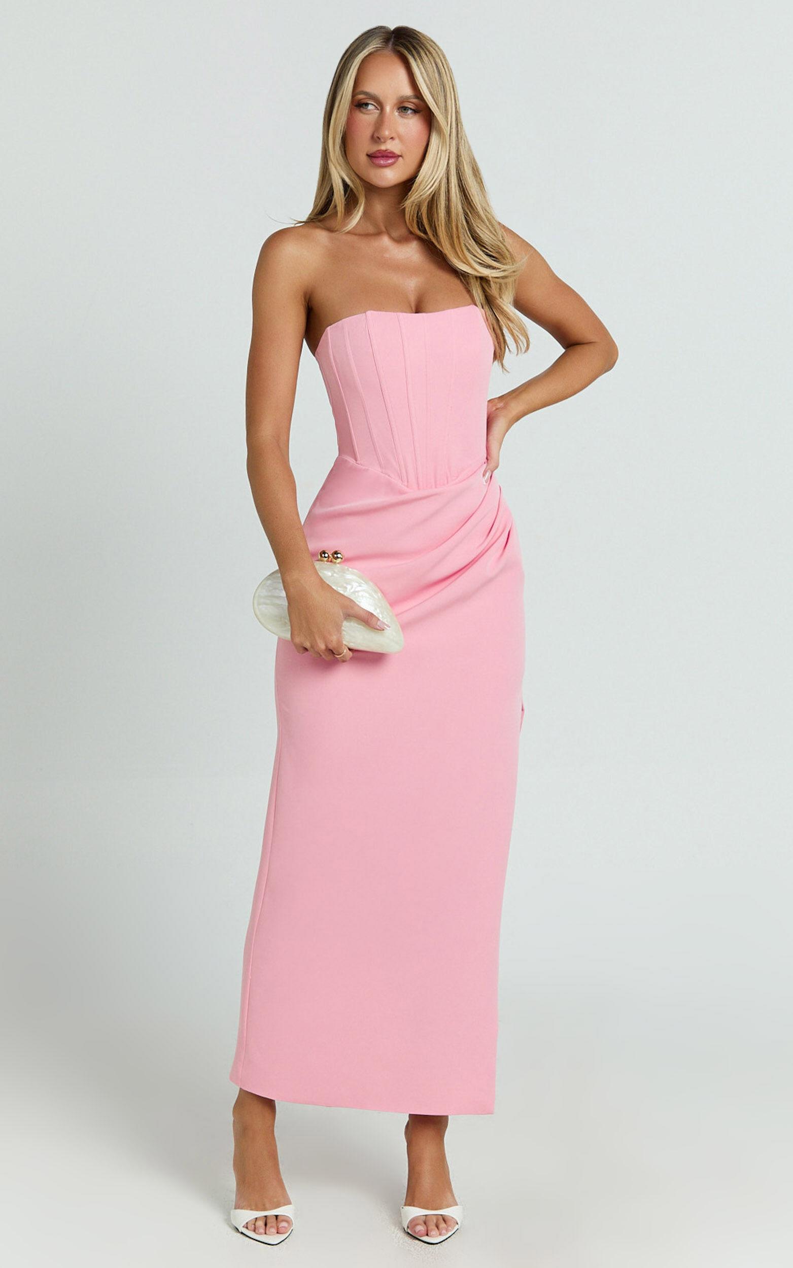 Avery Midi Dress - Strapless Draped Side Split Dress in Pink Product Image