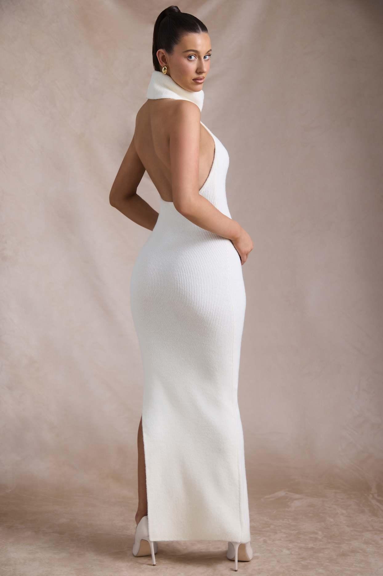 Ribbed-Knit Turtleneck Backless Maxi Dress in Ivory Product Image
