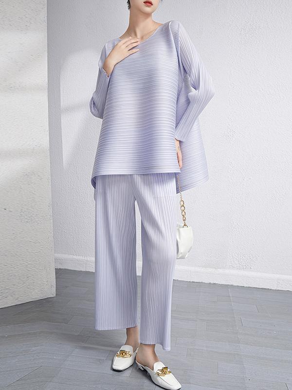 Loose Pleated Solid Color High-Low Round-Neck T-Shirts  + Pants Two Pieces Set Product Image