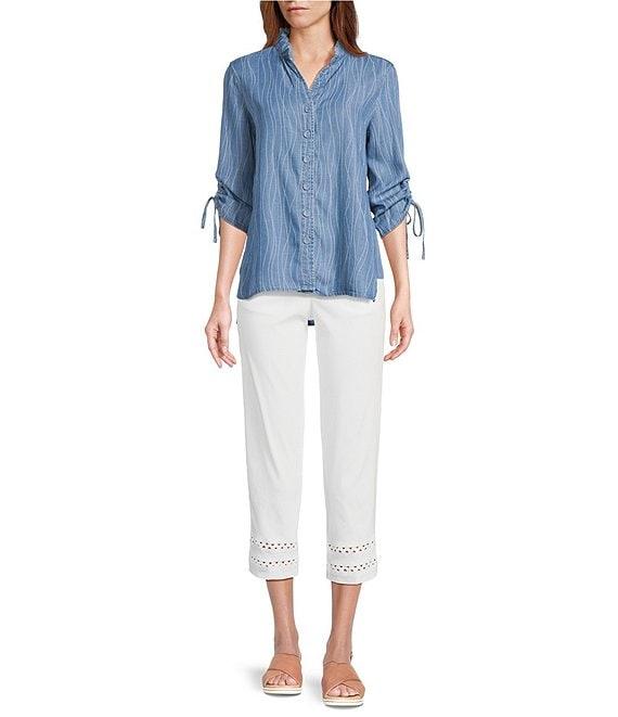 Multiples Petite Size Slub Woven Printed Stand Collar 3/4 Drawstring Sleeve Hi-Low Hem Button Front Shirt Product Image