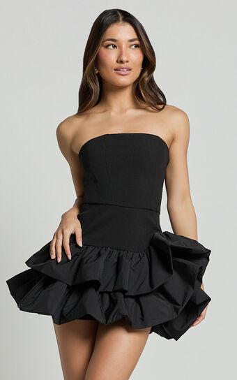 Beatrice Mini Dress - Contrast Strapless Ruffle Tiered Dress in Black Product Image