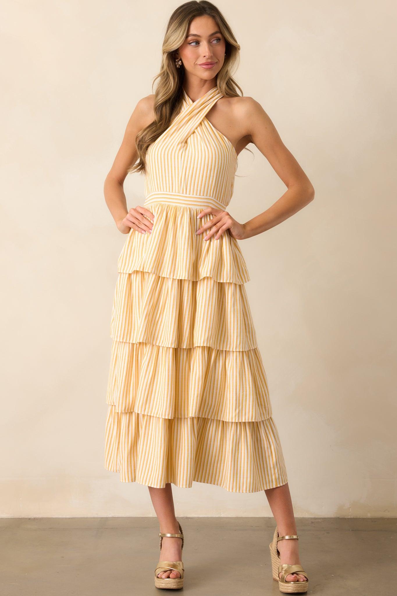 Where I Want To Be Yellow Stripe Tiered Halter Maxi Dress Product Image