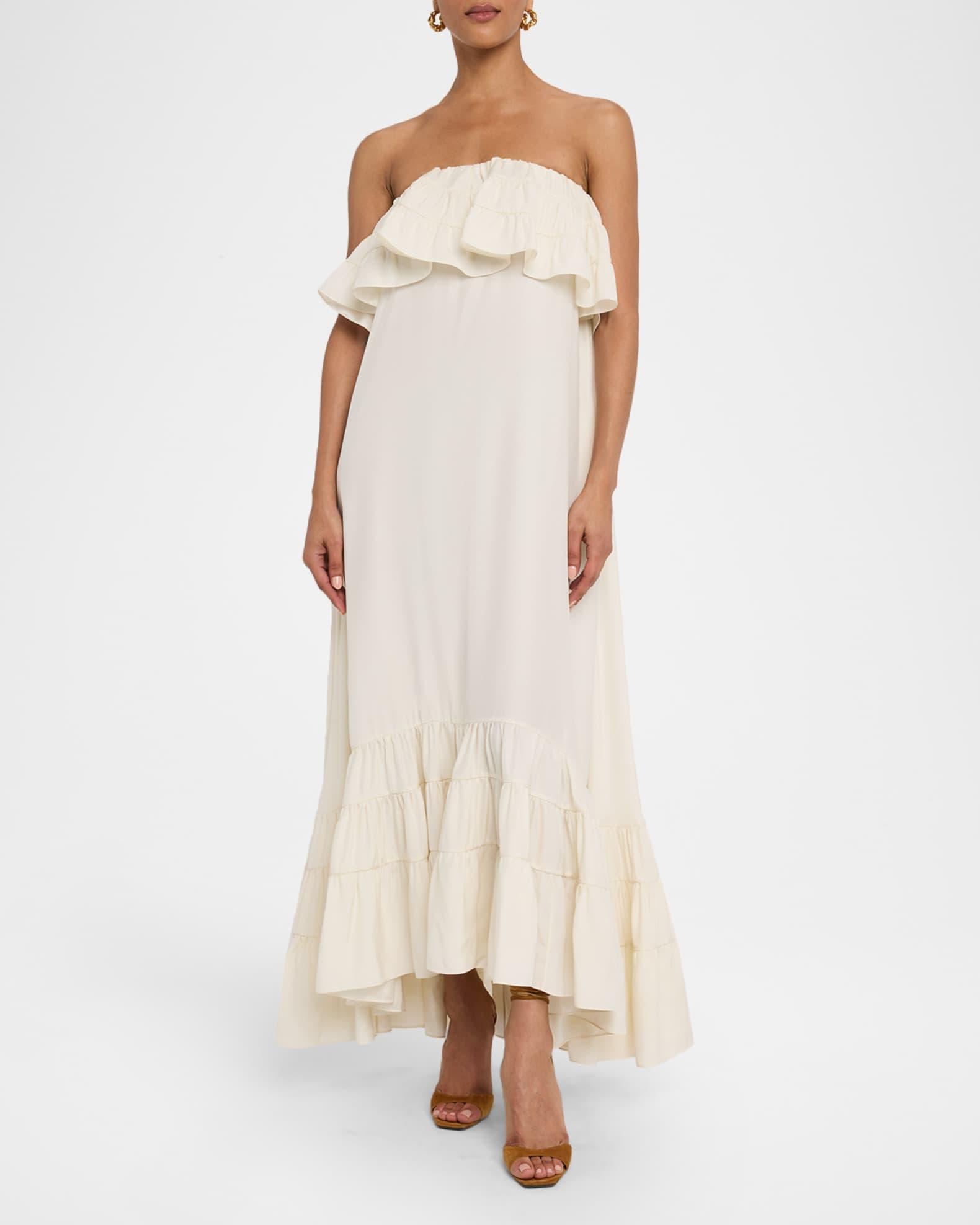 Strapless Tiered Ruffle High-Low Midi Dress Product Image