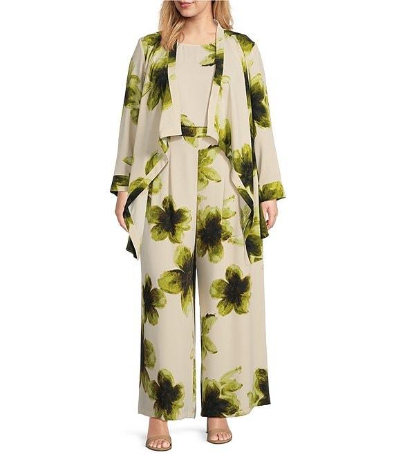 Investments Plus Size Watercolor Blooms Print Open Drape Front Long Sleeve Button Cuff Novelty Jacket Product Image