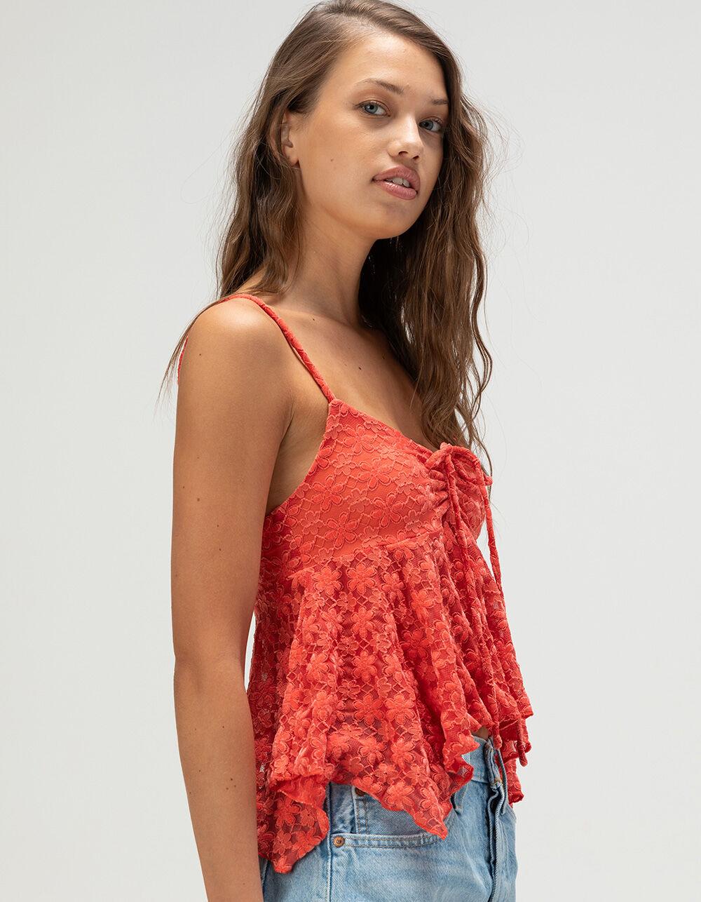 FULL TILT Lace Hanky Hem Womens Top - CORAL Product Image