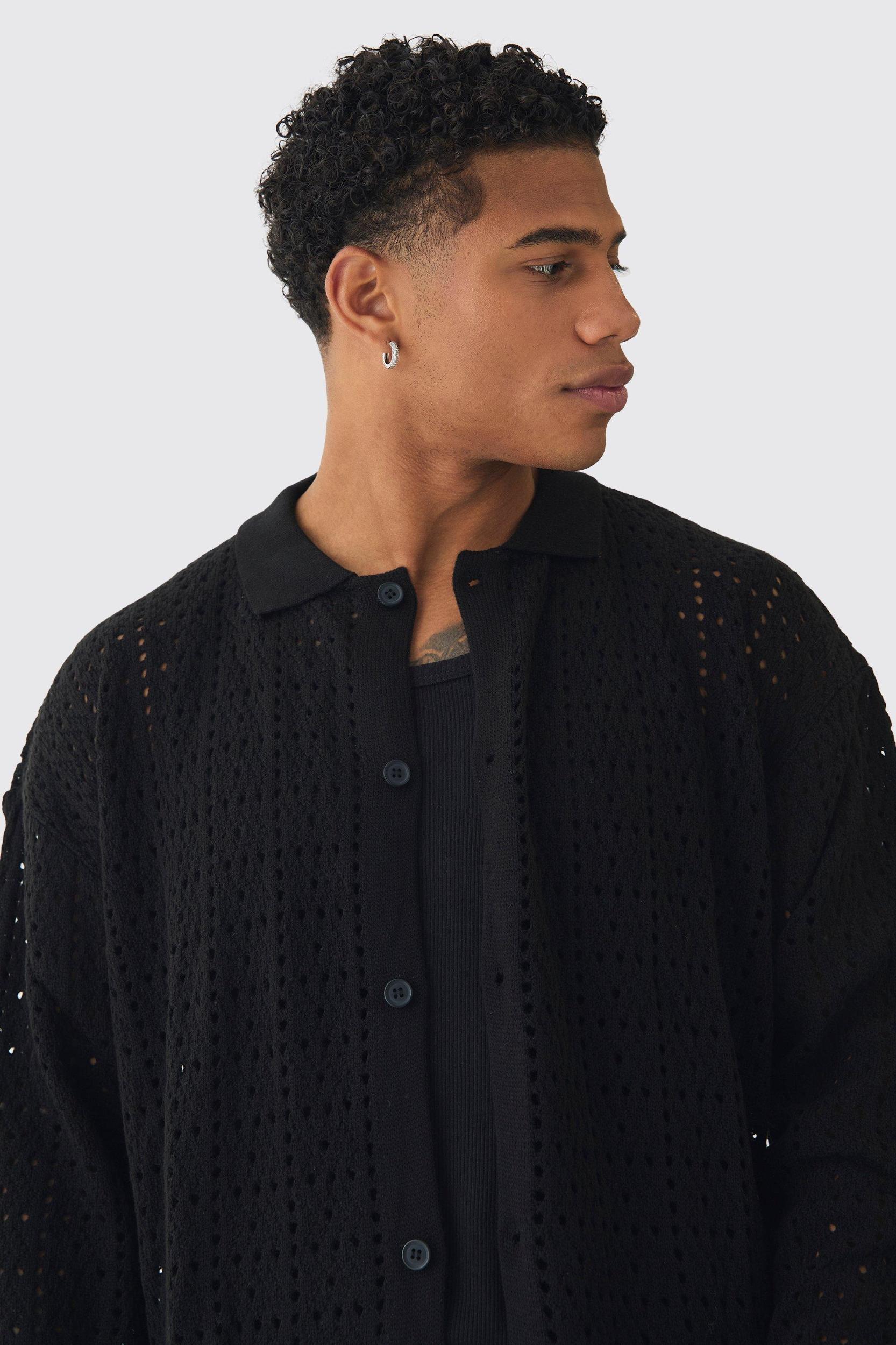 Oversized Long Sleeve Crochet Knitted Shirt | boohooMAN USA Product Image