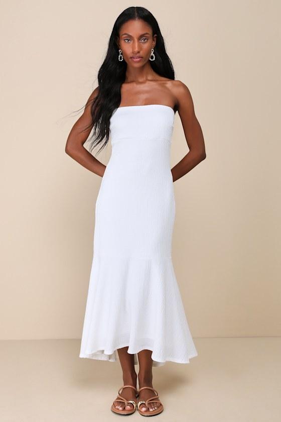 Darling Ways White Textured Strapless Midi Dress Product Image