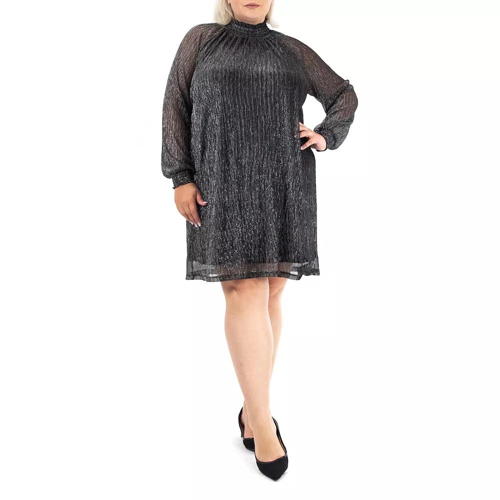 Plus Size Nina Leonard Smockneck Trapeze Dress, Women's, Size: 2XL, Black Silver Product Image