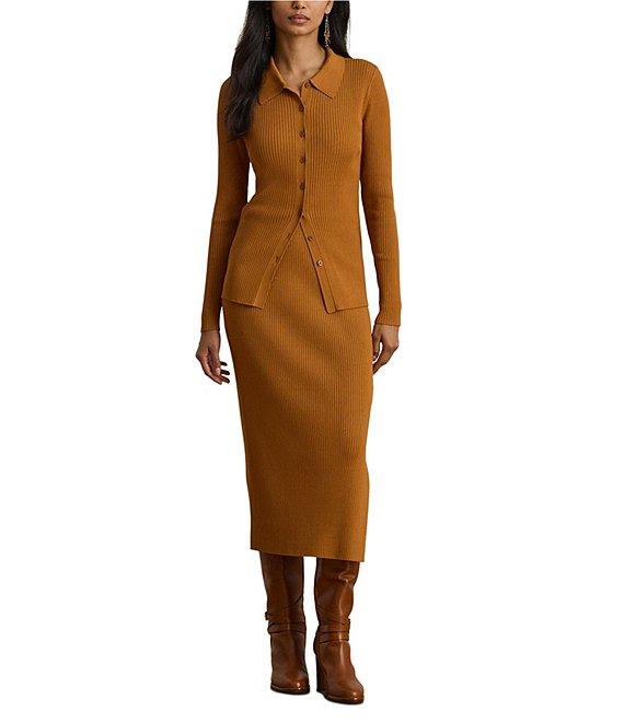 Lauren Ralph Lauren Coordinating Ribbed Knit Point Collar Long Sleeve Polo Top Product Image