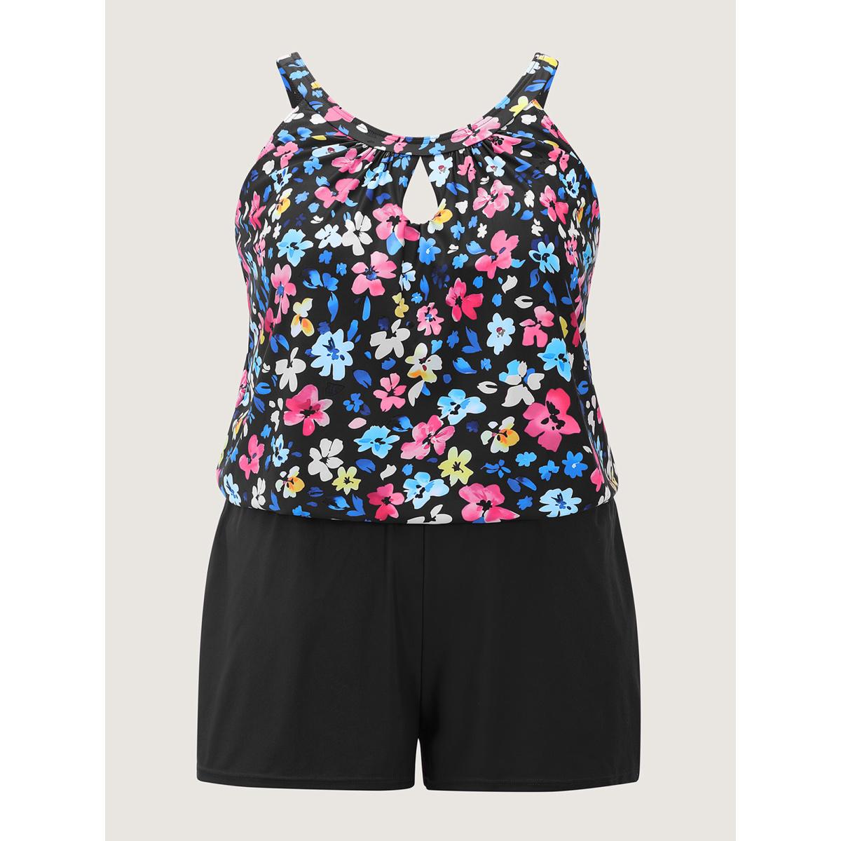 Plus Size Floral Print Keyhole Pockets Swim Romper Women's Swimwear DarkViolet Resort Pocket Curve Bathing Suits High stretch One Pieces BloomChic 12/L Product Image