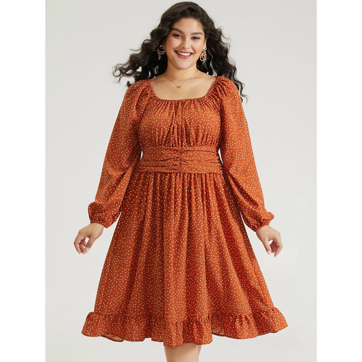 Plus Size Polka Dot Ruched Square Neck Dress Rust Women Elegant Elastic cuffs Square Neck Long Sleeve Curvy Midi Dress BloomChic 12/L Product Image
