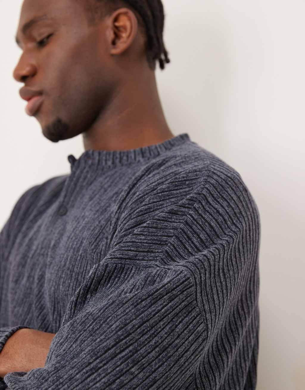 ASOS DESIGN super oversized cropped long sleeve t-shirt with henley neck in ribbed gray heather Product Image