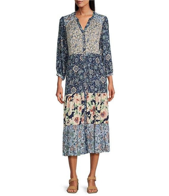 Nurture by Westbound 3/4 Sleeve Floral Button Front Midi Dress Product Image
