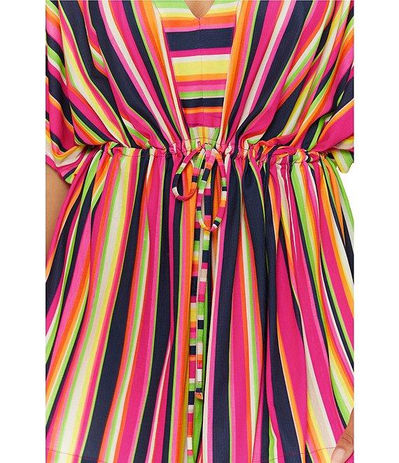 Trina Turk Anniversary Stripe V-Neck Cinched Drawcord Waist Tunic Swim Cover-Up Product Image