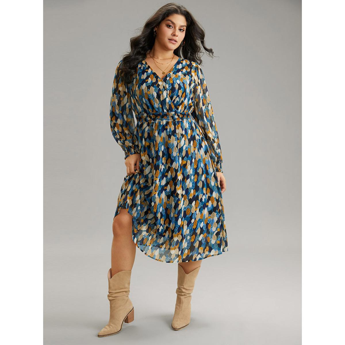 Plus Size Overlap Collar Feather Shirred Pocket Dress DarkBlue Women Elegant Wrap Overlap Collar Long Sleeve Curvy Midi Dress BloomChic 12/L Product Image