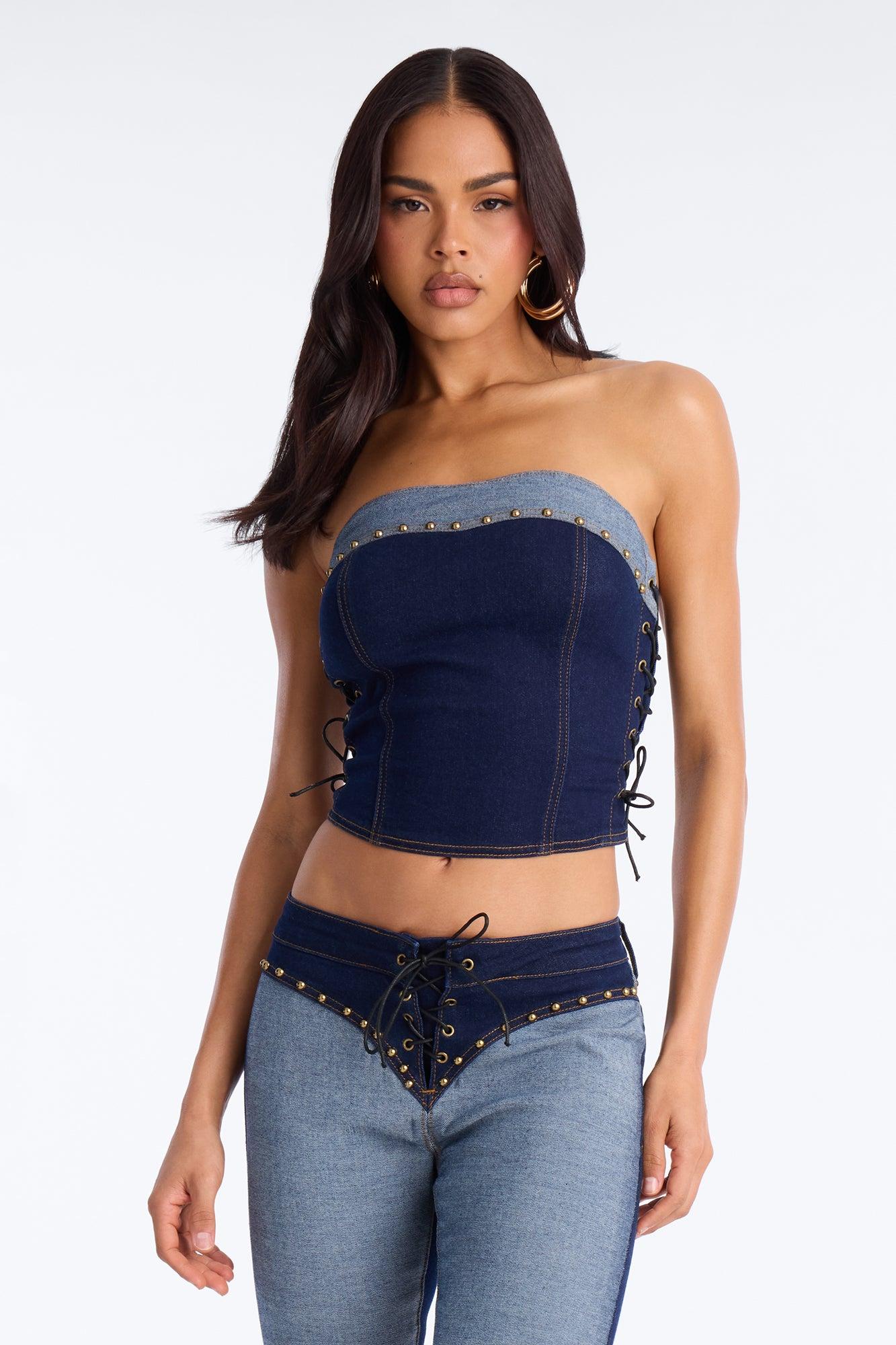 Tianna Denim Corset Flare Pant Set - Dark Denim Female Product Image
