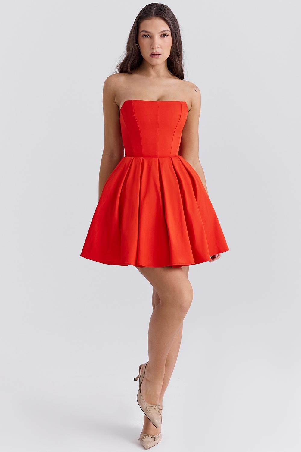 Emmanuela  italian tomato strapless pleated mini dress Product Image