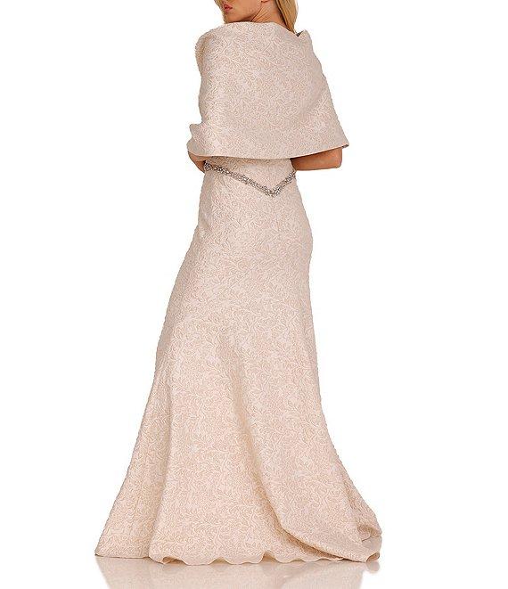 Terani Couture Brocade Twisted Short Sleeve Beaded Waist Mermaid Gown Product Image