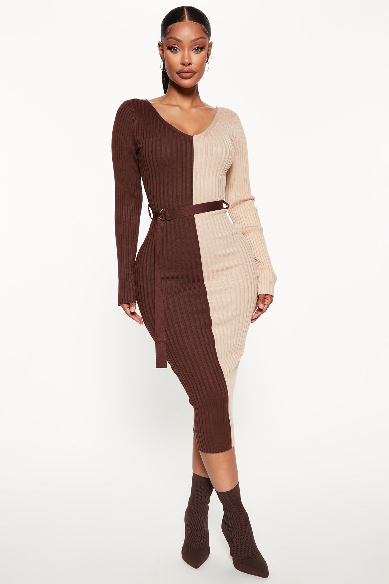 Autumn Calls Colorblock Sweater Midi Dress - Chocolate/Combo Female Product Image