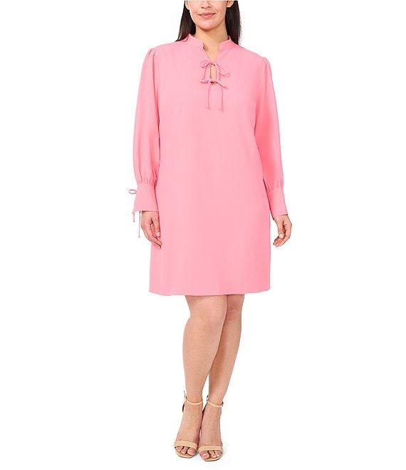 CeCe Plus Size Crepe V-Neck Cuffed Long Cuffed Sleeves Tie Shift Dress Product Image