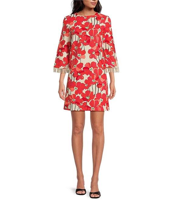 Tara Jarmon Rivanne Floral Print Round Neck Elbow Sleeve Beaded Fringe Dress Product Image