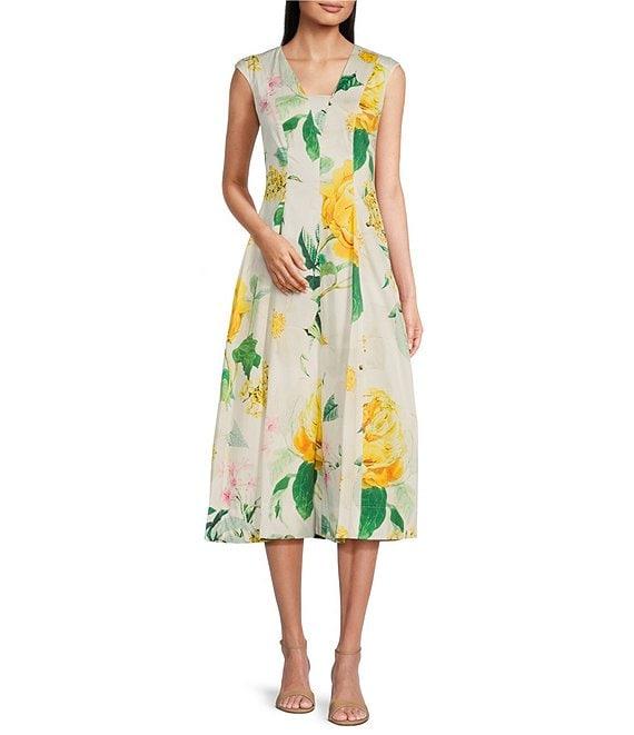 KARL LAGERFELD PARIS Sateen Floral Print V-Neck Sleeveless Midi A-Line Dress Product Image