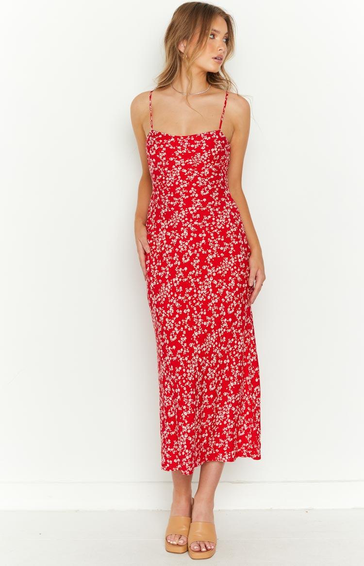 Delphine Red Floral Midi Dress Product Image
