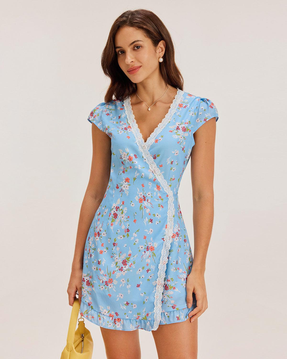 Blue Floral A-Line Wrap Mini Dress Product Image