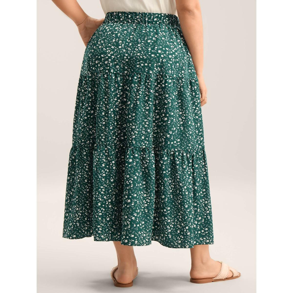 Plus Size Ditsy Floral Print Tiered Tied Maxi Skirt Women Emerald Timeless Loose No stretch Side seam pocket Vacation Skirts BloomChic 14-16/1X Product Image